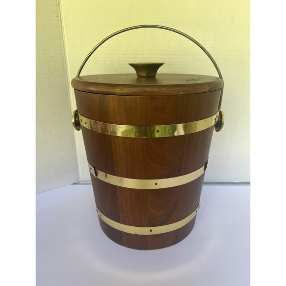 Ice Bucket Walnut Wood Vermillion Brass Vintage‎ liner bucket  MCM - Picture 3 of 12